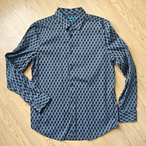 Perry Ellis Men's Black and Gray Geometric Button Up Long Sleeve Shirt - Picture 2 of 11